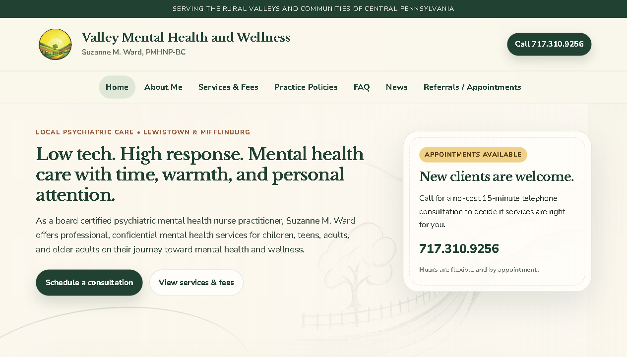 Screenshot of the Valley Mental Health and Wellness website